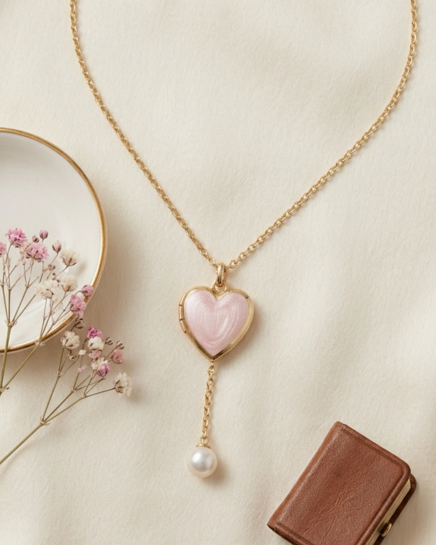 Pastel Pink Heart Locket Pendant and Chain