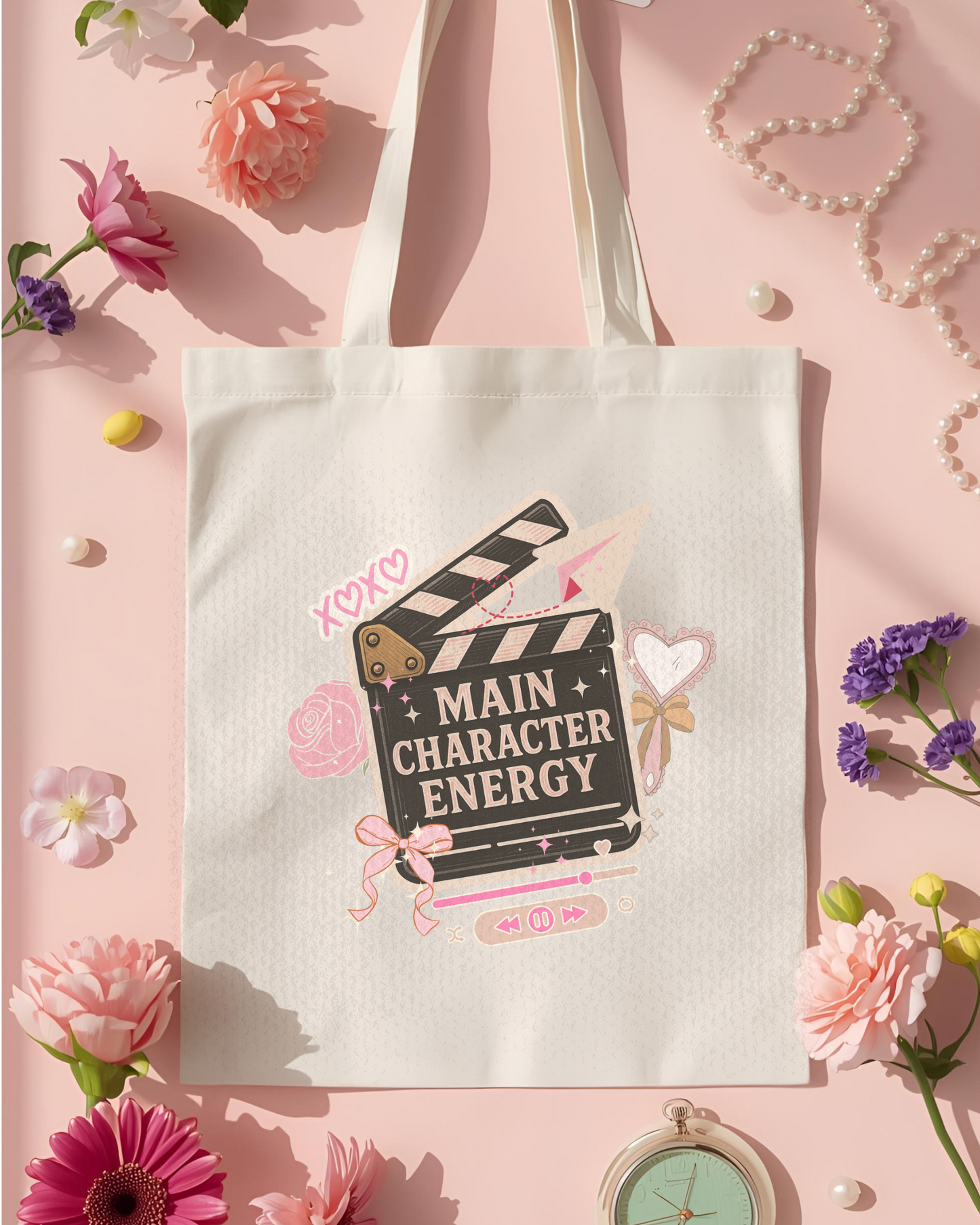 Eden and Seraph Printed Cotton Tote Bag with Zipper- Main Character Energy