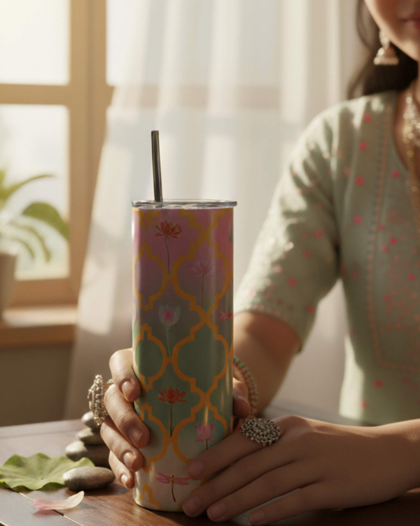 Eden & Seraph Stainless Steel Double Walled Insulated Tumbler with Splash Proof Lid & Metal Straw