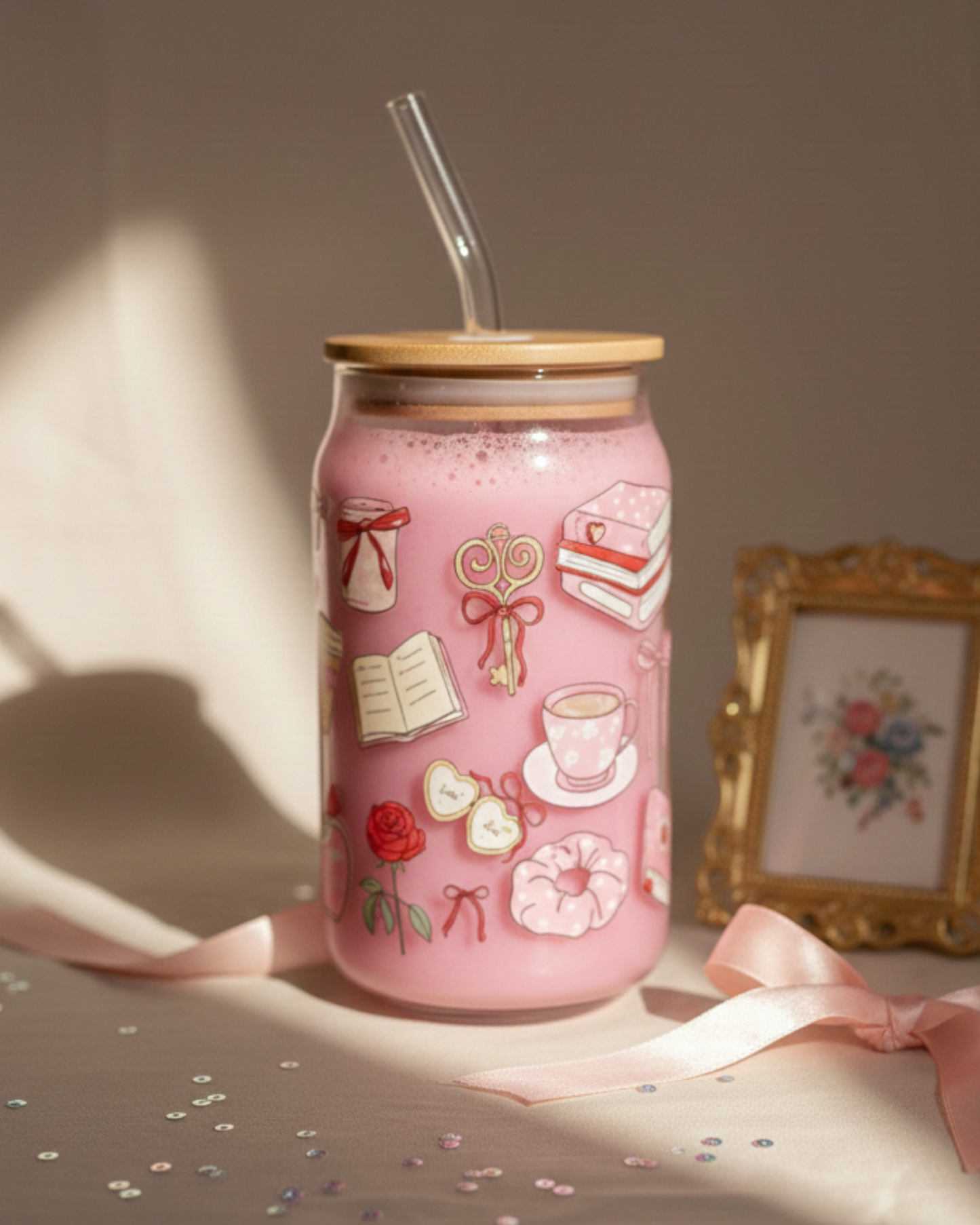 Pink Poetry - Glass Tumbler with Straw and Lid