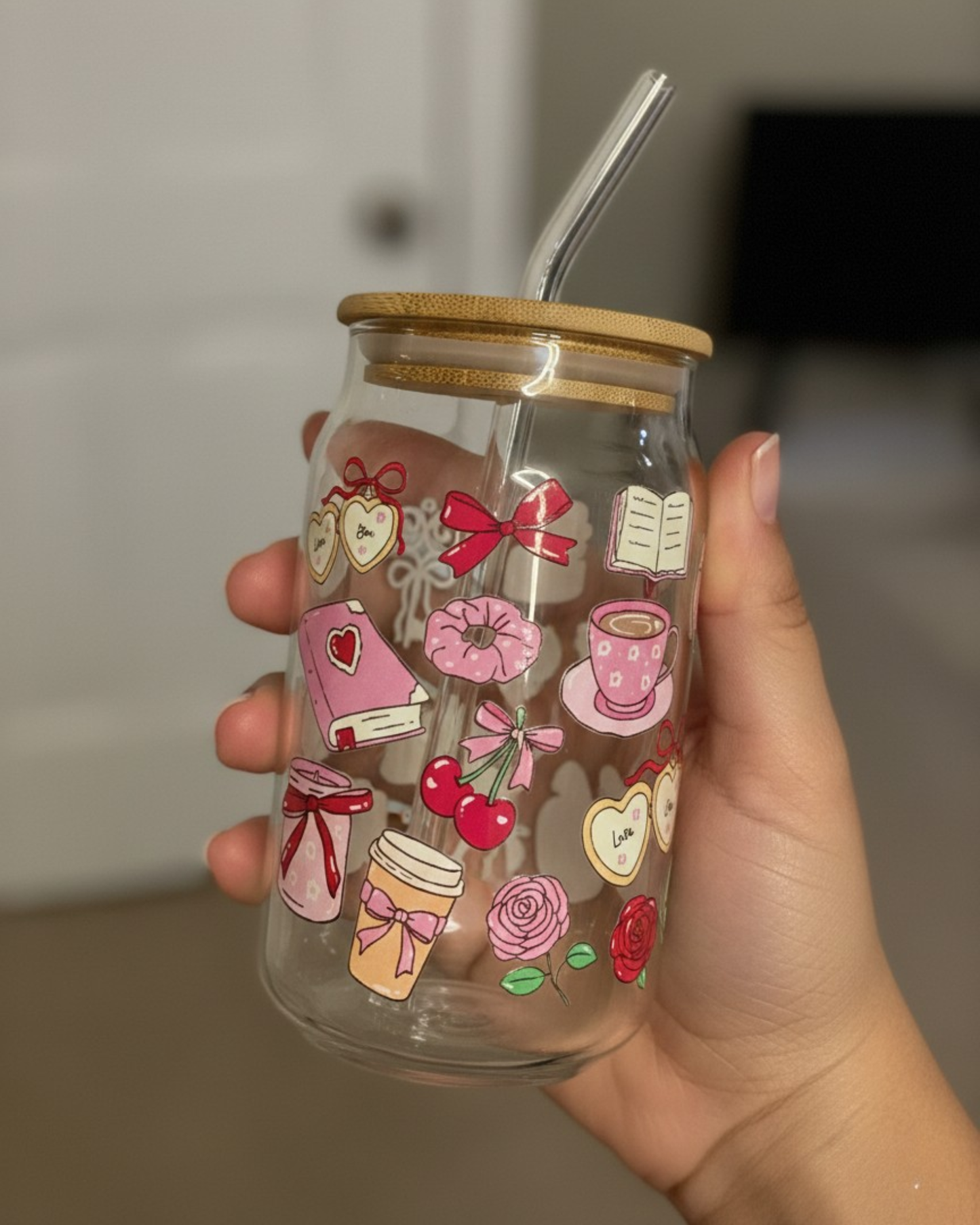 Pink Poetry - Glass Tumbler with Straw and Lid