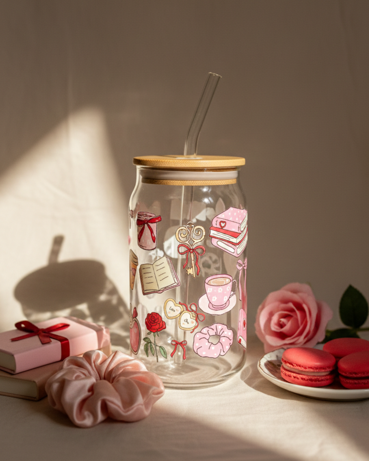 Pink Poetry - Glass Tumbler with Straw and Lid