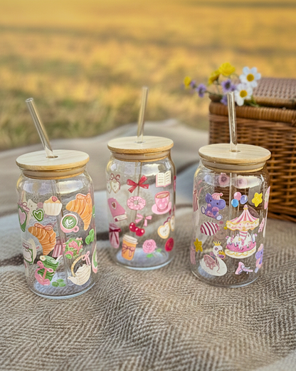 Pink Poetry - Glass Tumbler with Straw and Lid