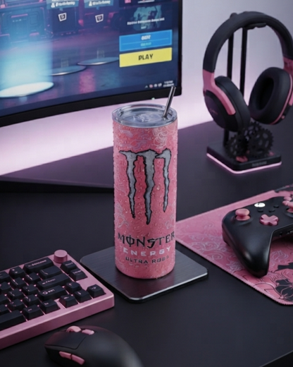 Eden and Seraph Stainless Steel Double Wall Insulated Tumbler with Spalsh-Proof Lid and Meta Straw- Pink Monster