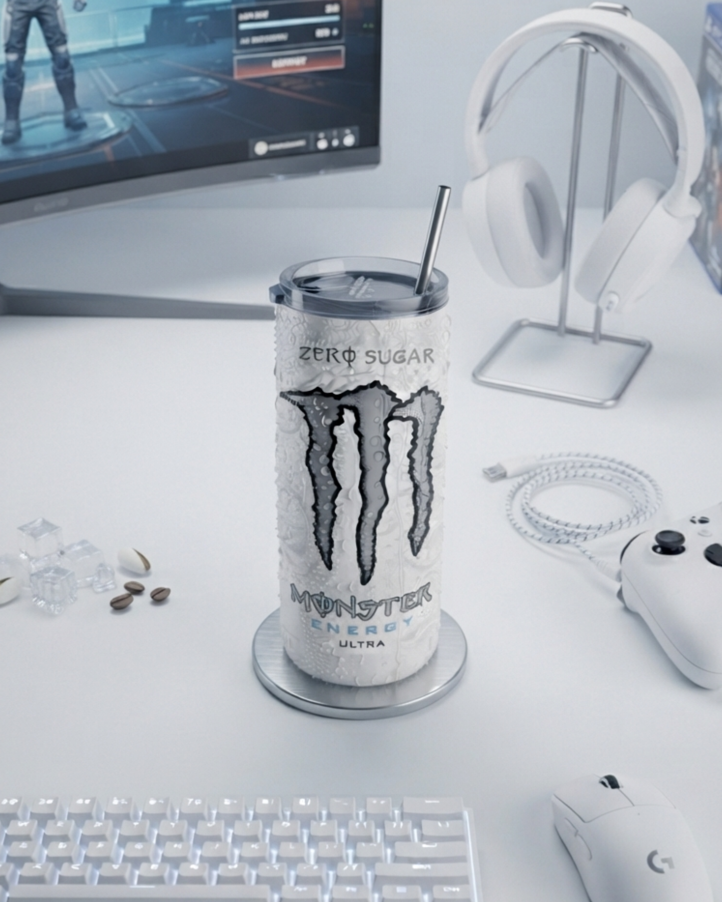 Eden and Seraph Stainless Steel Double Wall Insulated Tumbler with Spalsh-Proof Lid and Meta Straw- White Monster