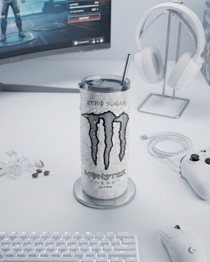 Eden and Seraph Stainless Steel Double Wall Insulated Tumbler with Spalsh-Proof Lid and Meta Straw- White Monster