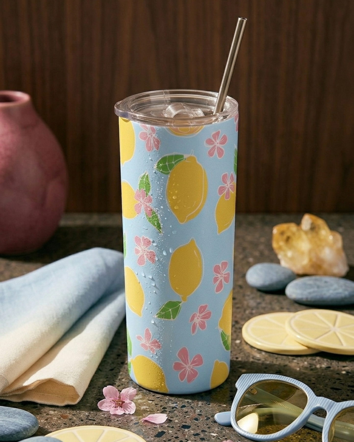 Sun-kissed Citrus—Stainless Steel Tumbler with Spill-proof Lid and Metal Straw