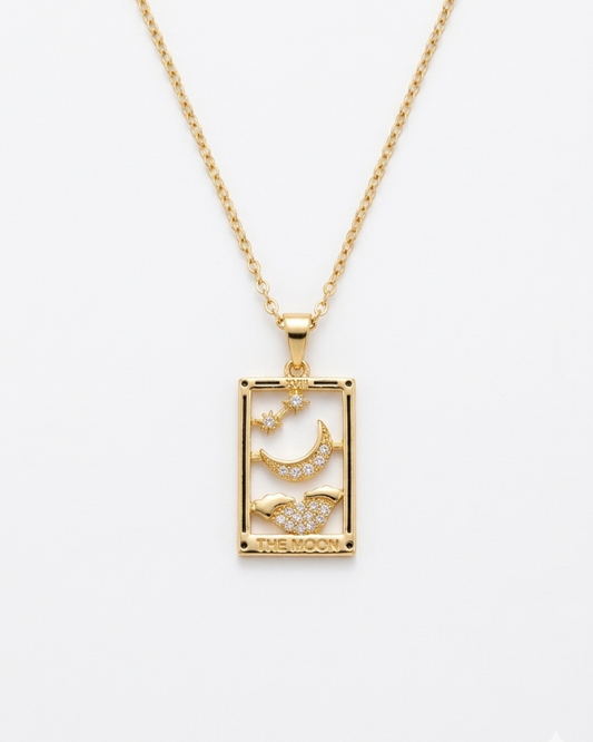 The Moon Tarot Card Gold Plated Stainless Steel Enamel Pendant and Chain