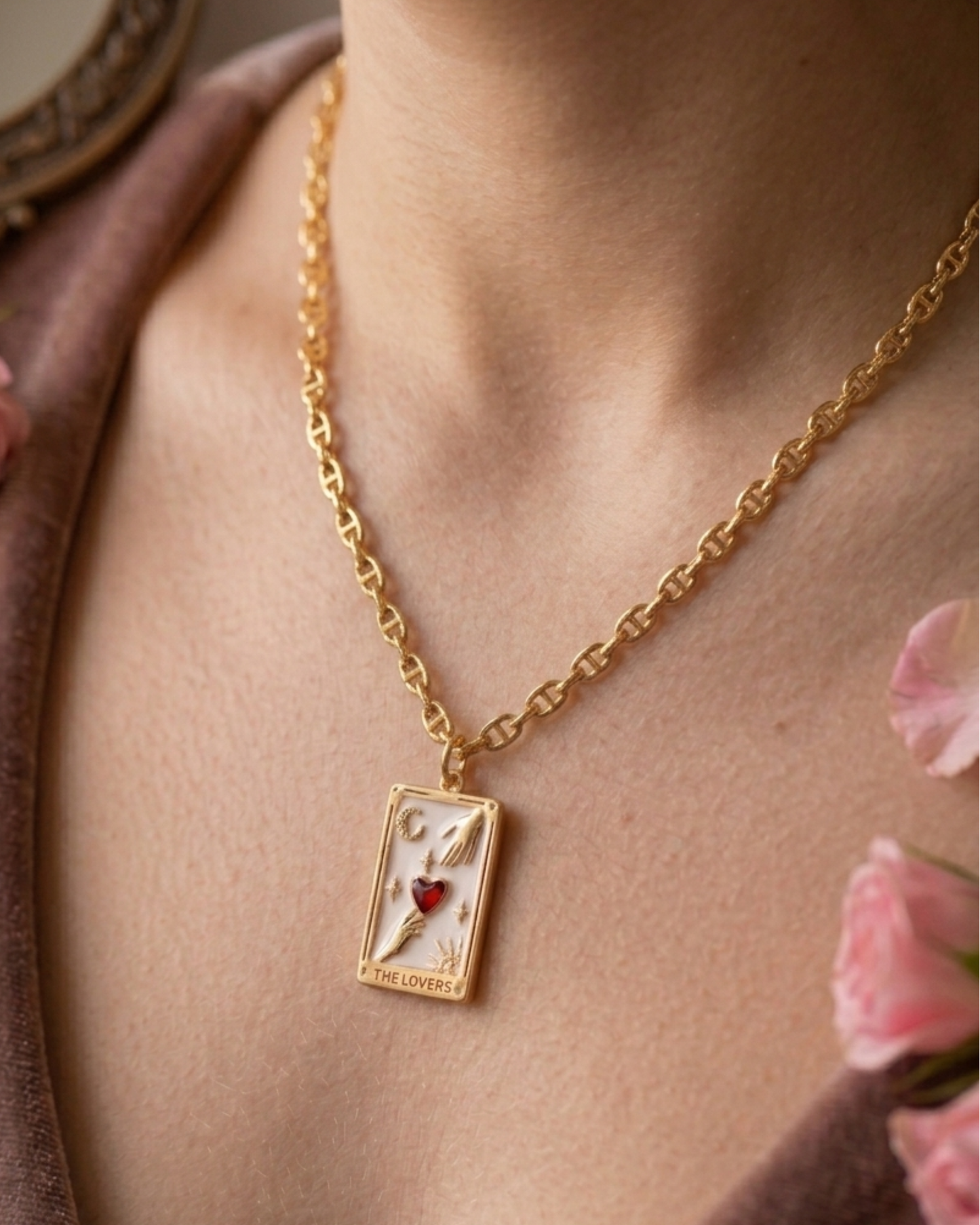 The Lovers Tarot Card Gold Plated Pendant and Chain