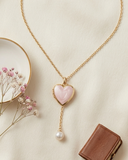 Pastel Pink Heart Locket Pendant and Chain