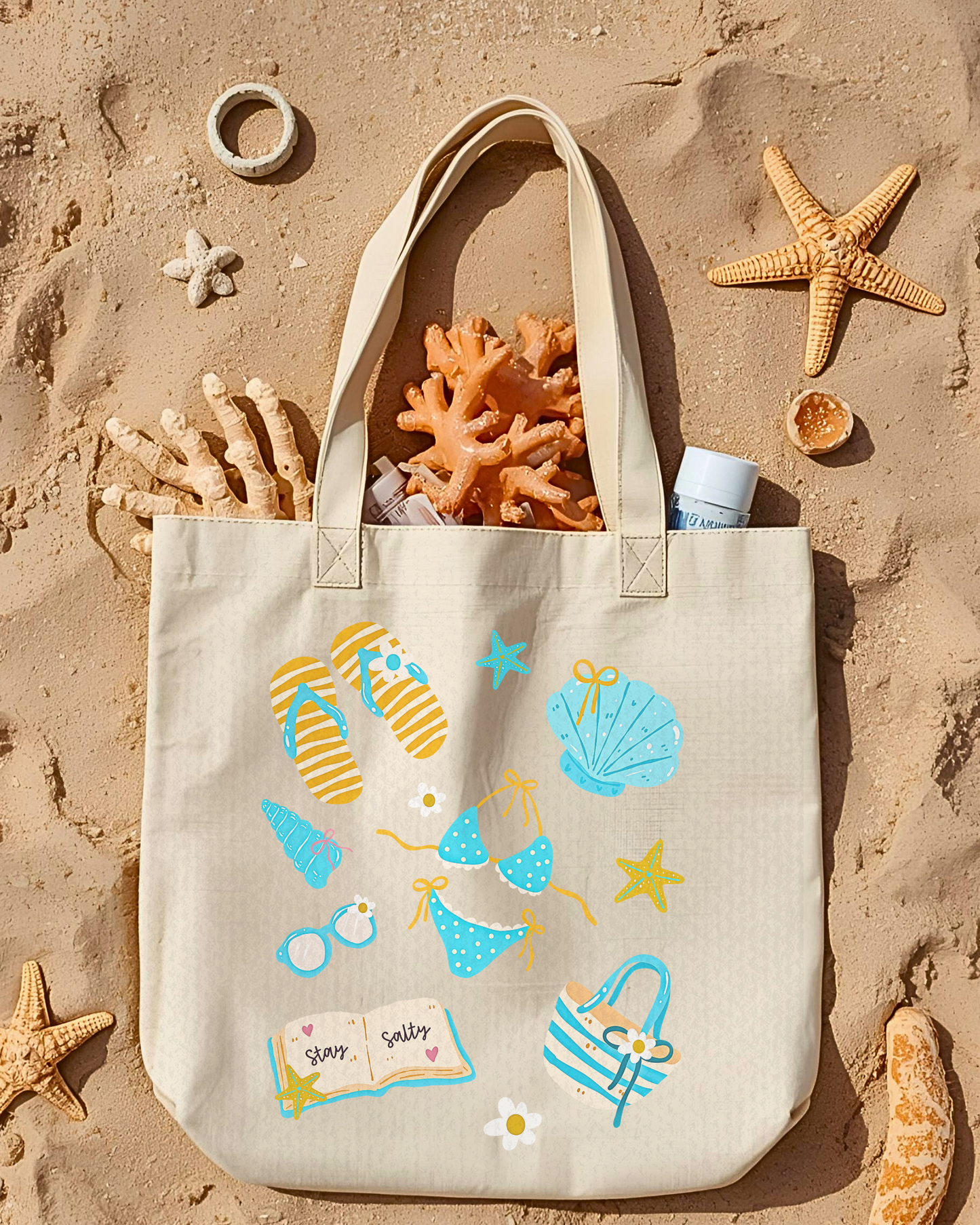 Eden and Seraph Printed Cotton Tote Bag with Zipper - Baddie Beach